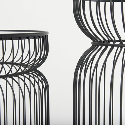 Set of Two Clear and Black Tempered Glass and Metal Wire Round Drum End Tables HomeRoots