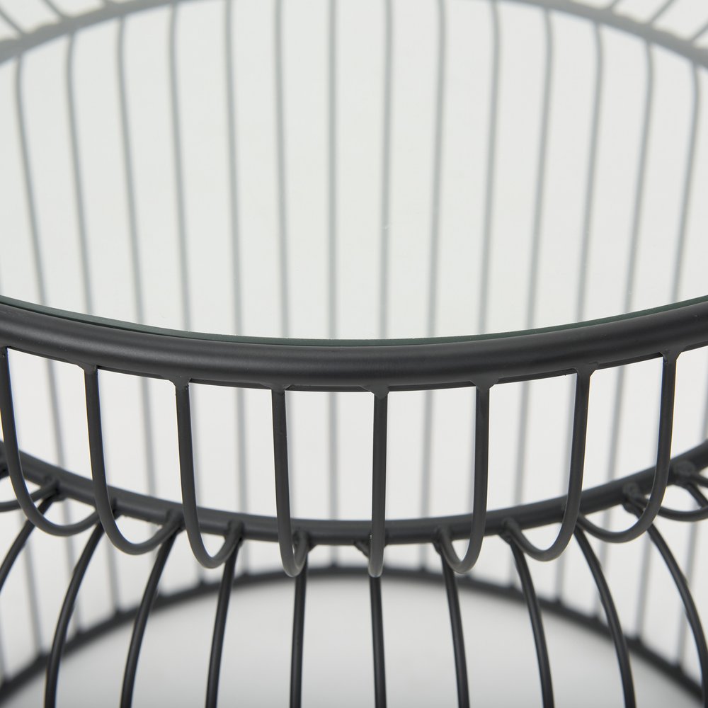 Set of Two Clear and Black Tempered Glass and Metal Wire Round Drum End Tables HomeRoots