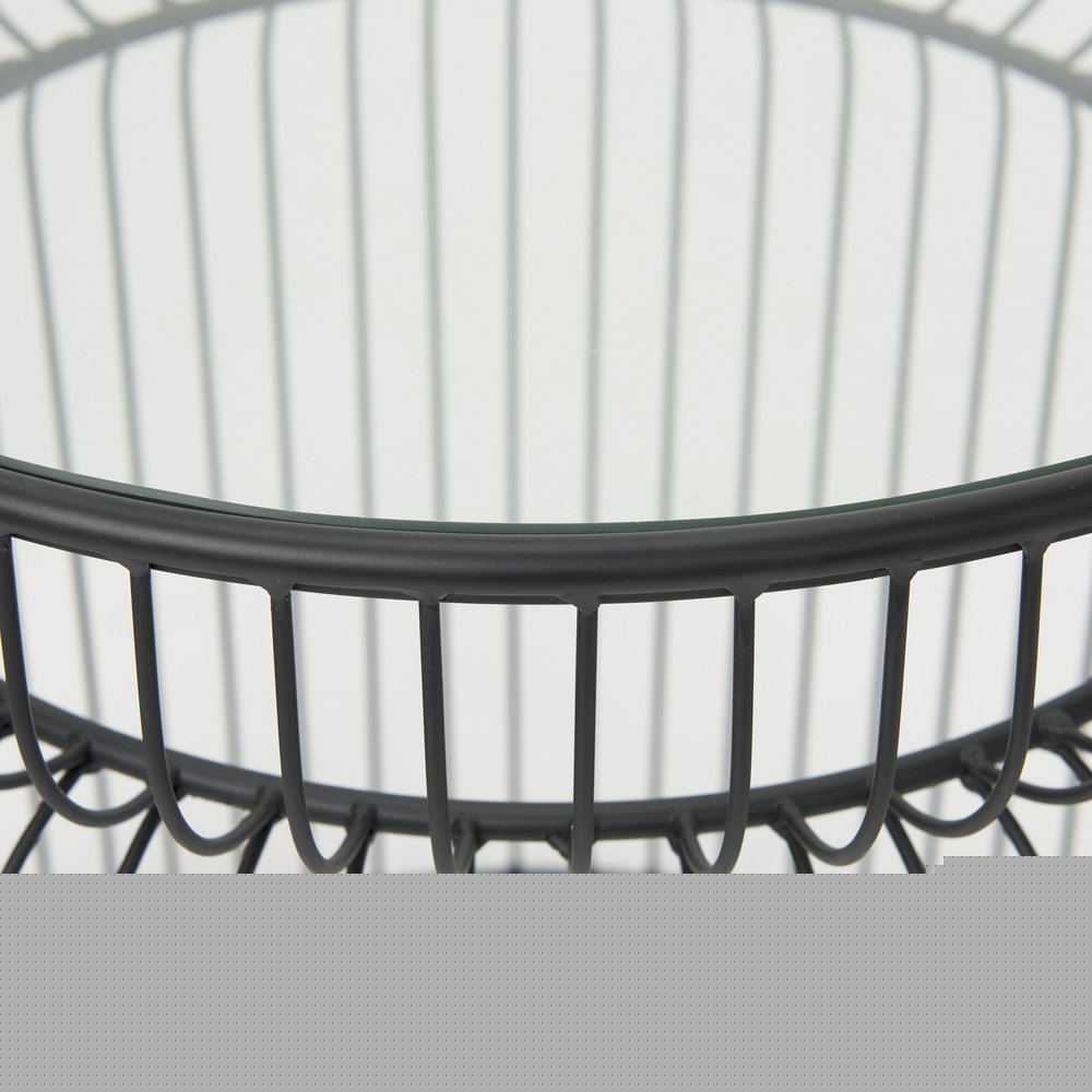 Set of Two Clear and Black Tempered Glass and Metal Wire Round Drum End Tables HomeRoots