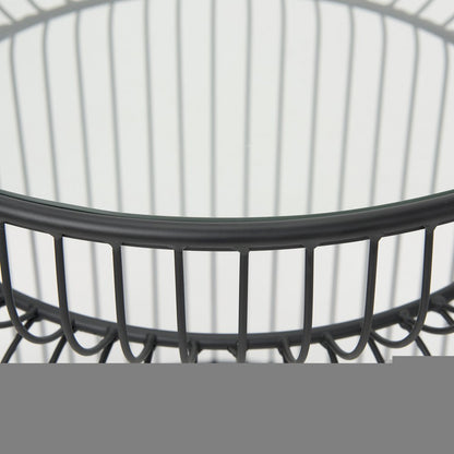 Set of Two Clear and Black Tempered Glass and Metal Wire Round Drum End Tables HomeRoots