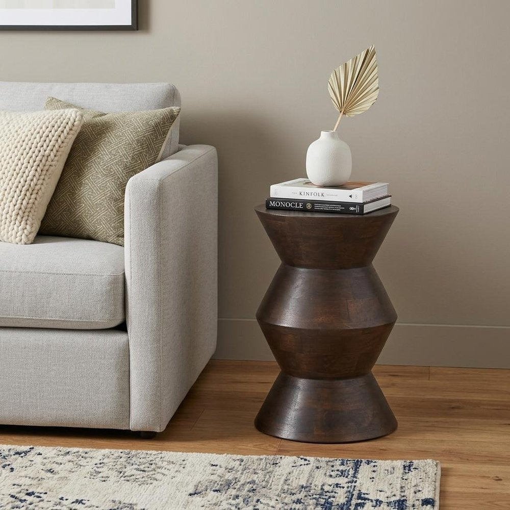18" Dark Brown Solid Wood Round Block End Table — view 5