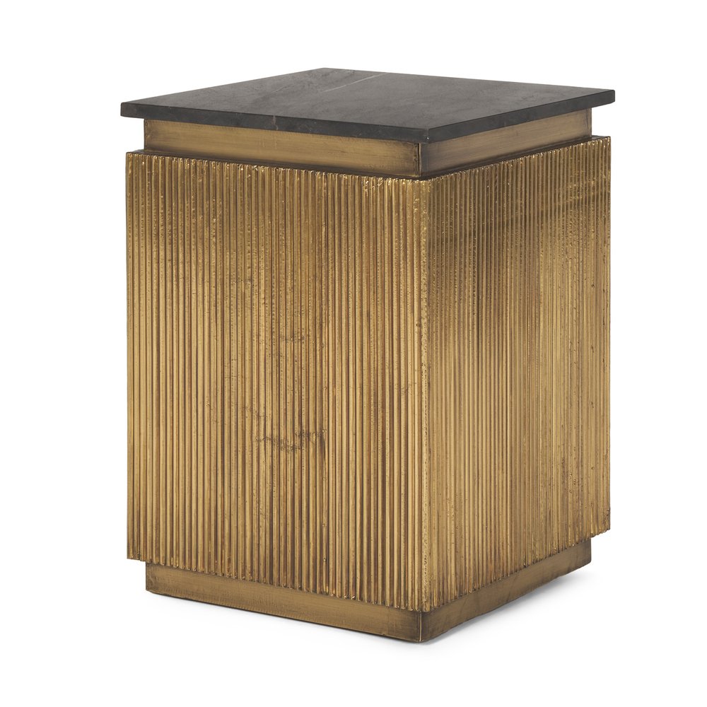22" Black and Gold Stone and Brass Square Block End Table — view 1