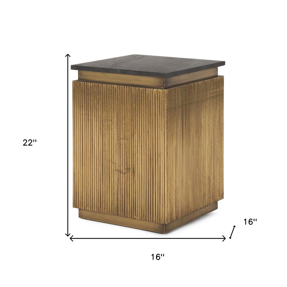 22" Black and Gold Stone and Brass Square Block End Table HomeRoots