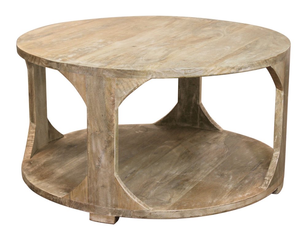 34" Natural Solid Wood Round Distressed Floor Shelf Coffee Table With Shelf HomeRoots