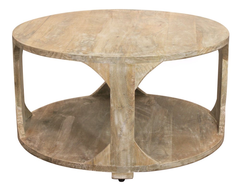 34" Natural Solid Wood Round Distressed Floor Shelf Coffee Table With Shelf — view 2