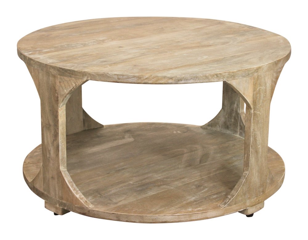 34" Natural Solid Wood Round Distressed Floor Shelf Coffee Table With Shelf