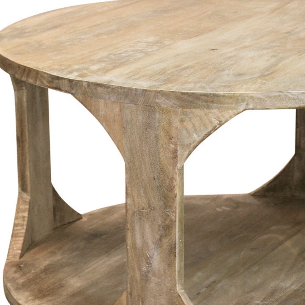 34" Natural Solid Wood Round Distressed Floor Shelf Coffee Table With Shelf — view 5