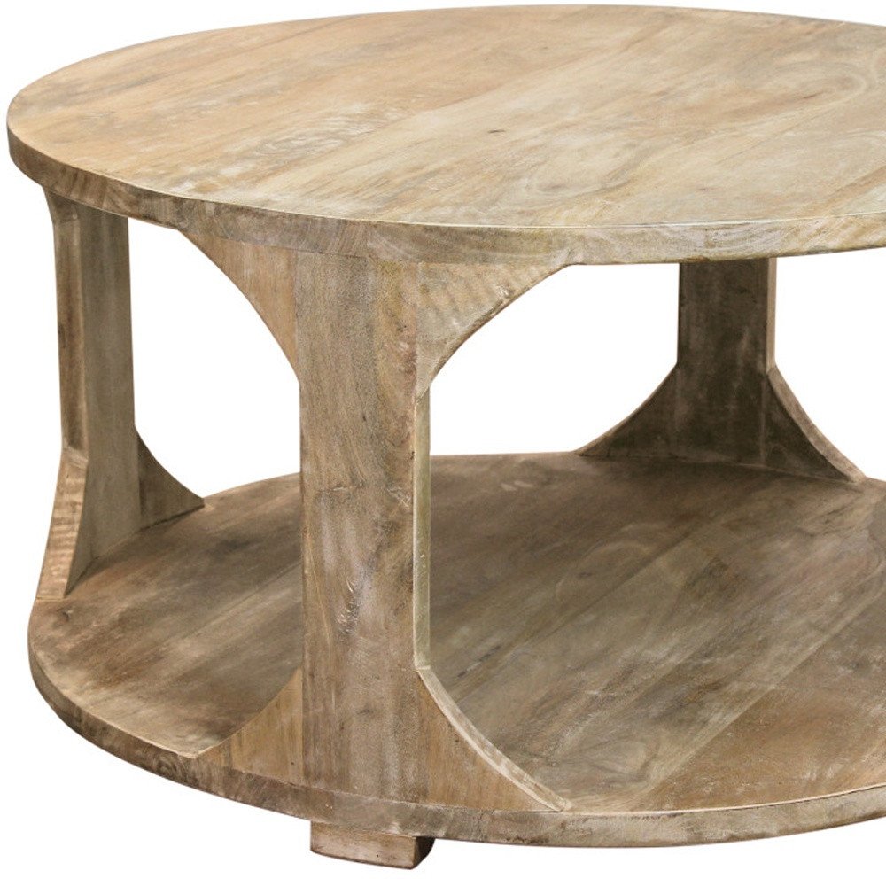 34" Natural Solid Wood Round Distressed Floor Shelf Coffee Table With Shelf — view 6