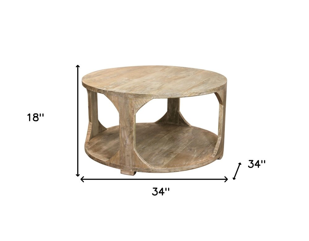 34" Natural Solid Wood Round Distressed Floor Shelf Coffee Table With Shelf — view 7