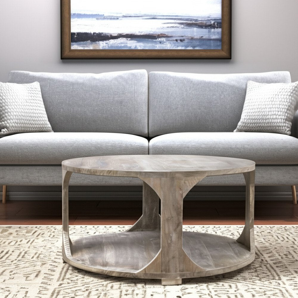 34" Natural Solid Wood Round Distressed Floor Shelf Coffee Table With Shelf HomeRoots