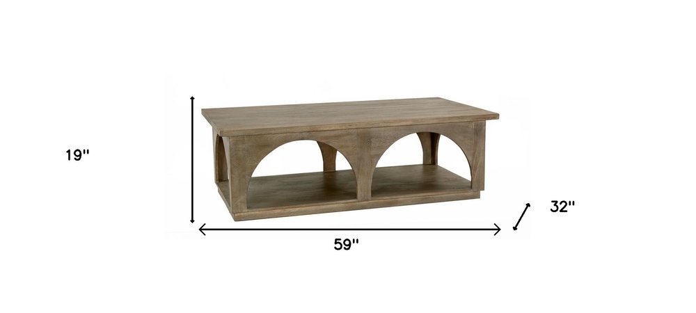 59" Brown Solid Wood Distressed Floor Shelf Coffee Table With Shelf HomeRoots