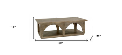 59" Brown Solid Wood Distressed Floor Shelf Coffee Table With Shelf HomeRoots