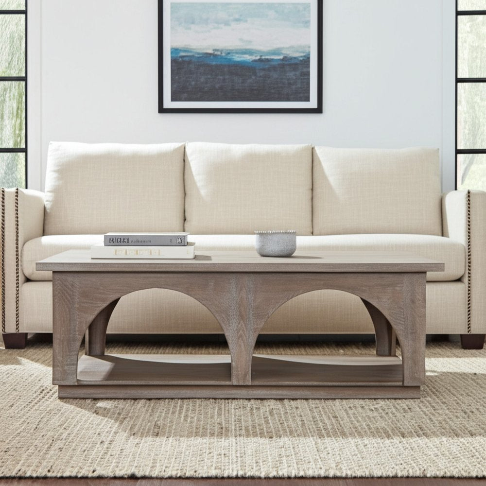 59" Brown Solid Wood Distressed Floor Shelf Coffee Table With Shelf HomeRoots