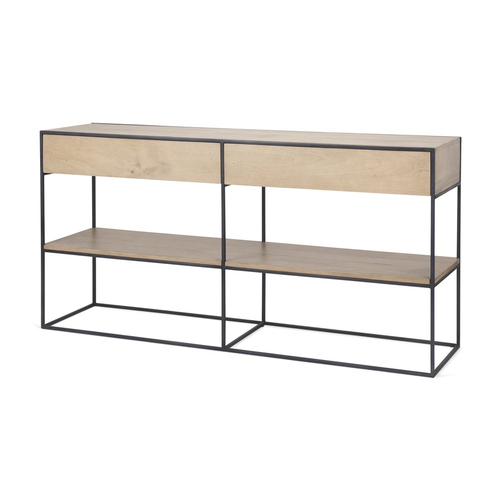 63" Natural and Black Solid Wood and Metal Frame Console Table With Shelf And With Two Drawers HomeRoots