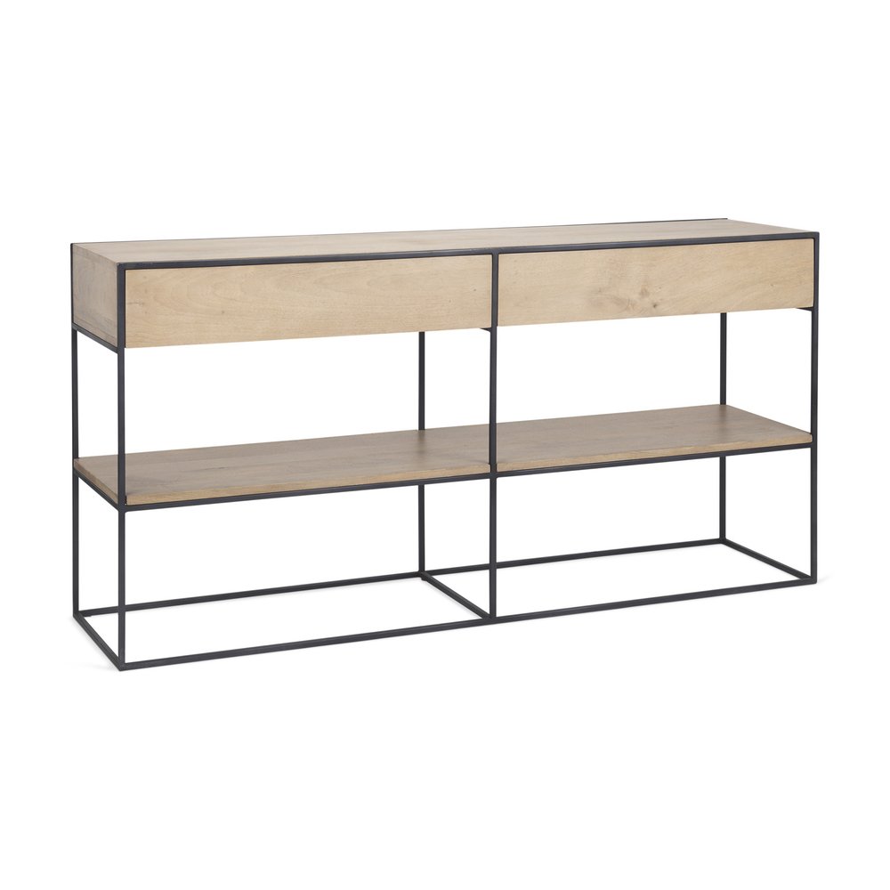 63" Natural and Black Solid Wood and Metal Frame Console Table With Shelf And With Two Drawers HomeRoots