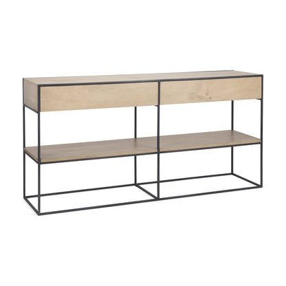 63" Natural and Black Solid Wood and Metal Frame Console Table With Shelf And With Two Drawers HomeRoots