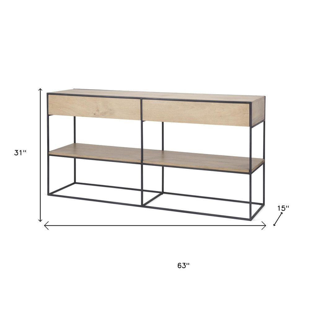 63" Natural and Black Solid Wood and Metal Frame Console Table With Shelf And With Two Drawers HomeRoots