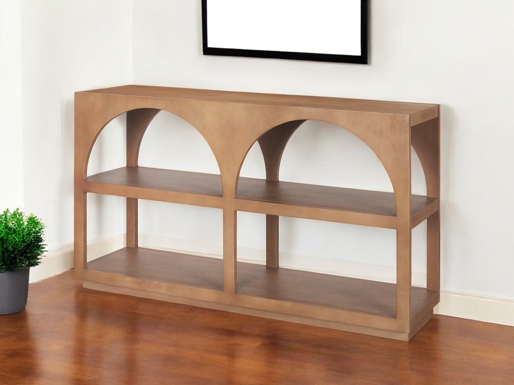 54" Brown Solid Wood Floor Shelf Console Table With Two Shelves HomeRoots
