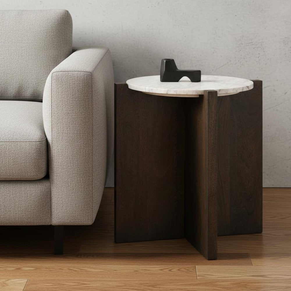 22" White and Brown Stone and Wood Tray Table — view 1