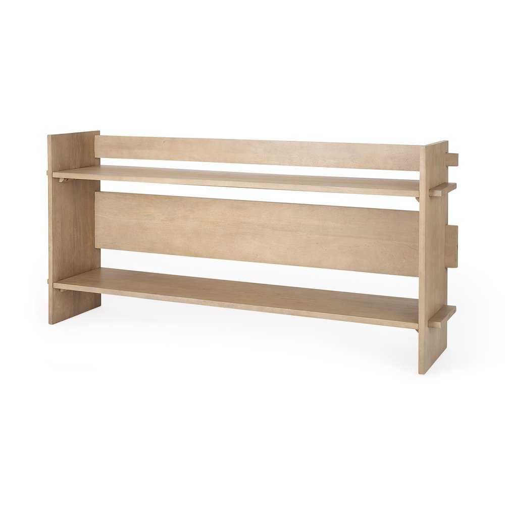 76" Natural and Brown Solid Wood Sled Console Table With Two Shelves HomeRoots