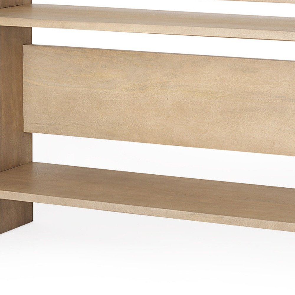 76" Natural and Brown Solid Wood Sled Console Table With Two Shelves HomeRoots