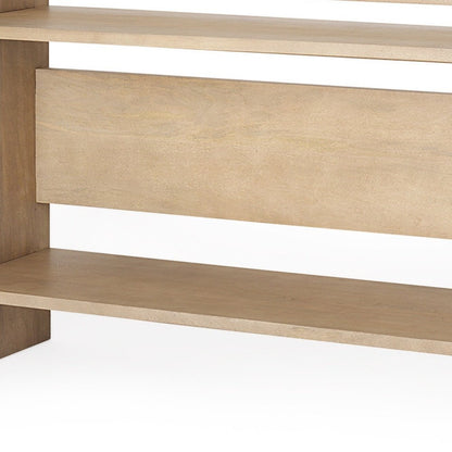 76" Natural and Brown Solid Wood Sled Console Table With Two Shelves HomeRoots