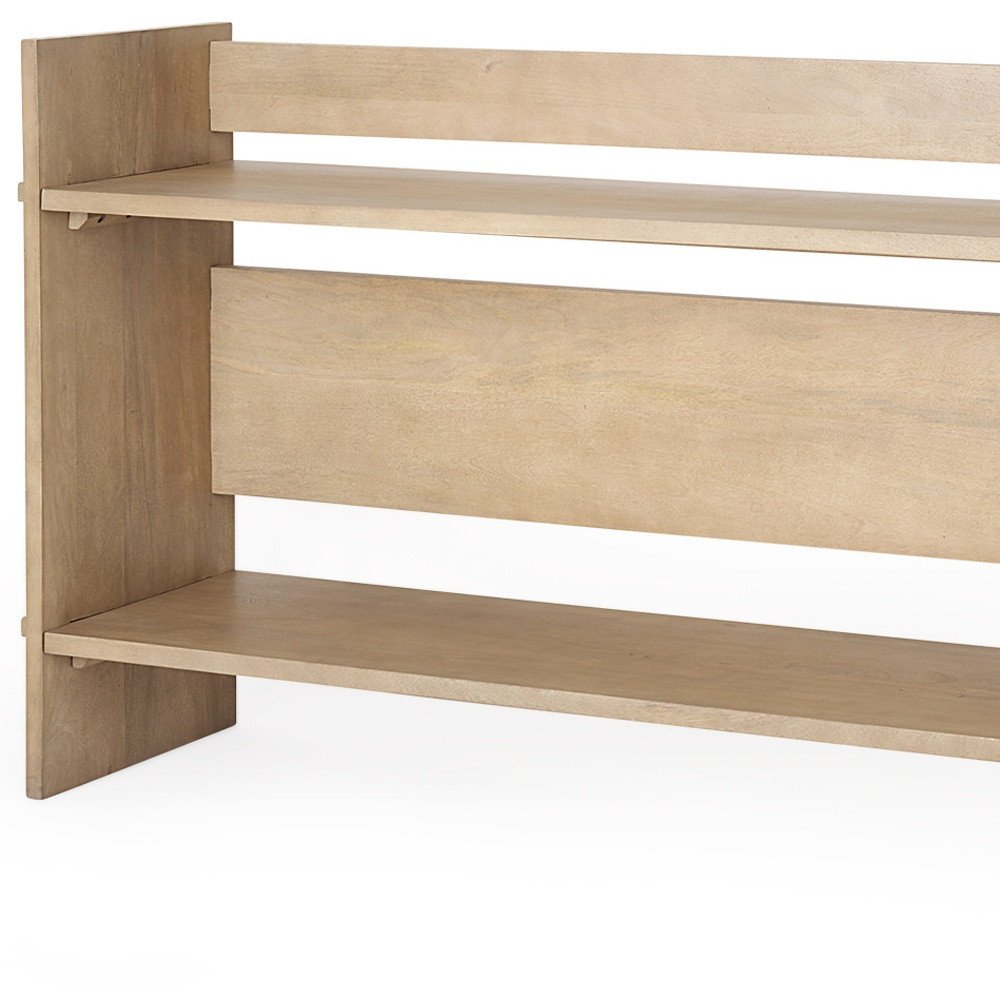 76" Natural and Brown Solid Wood Sled Console Table With Two Shelves HomeRoots