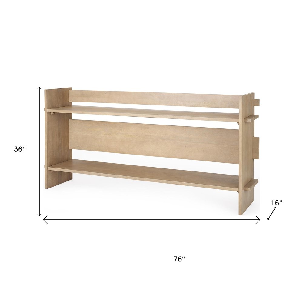 76" Natural and Brown Solid Wood Sled Console Table With Two Shelves HomeRoots