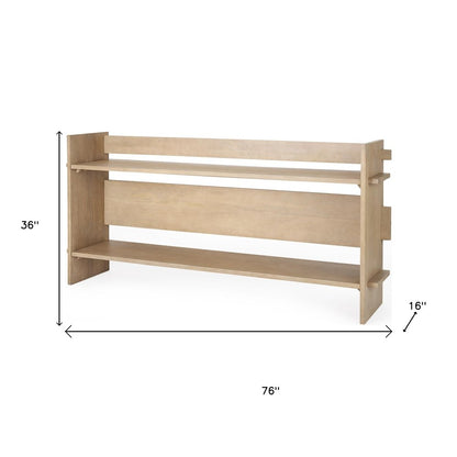 76" Natural and Brown Solid Wood Sled Console Table With Two Shelves HomeRoots