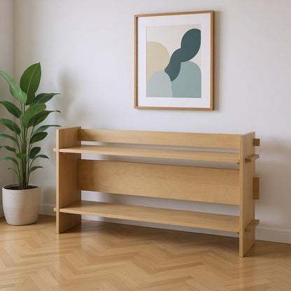 76" Natural and Brown Solid Wood Sled Console Table With Two Shelves HomeRoots