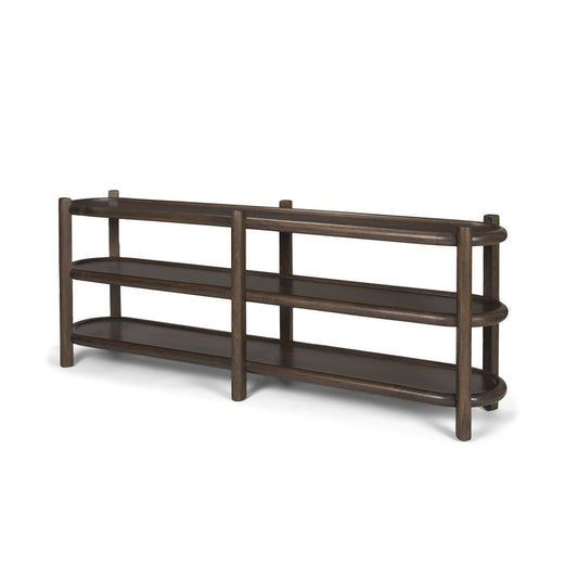 80" Dark Brown Solid Wood Oval Six Leg Console Table With Two Shelves HomeRoots