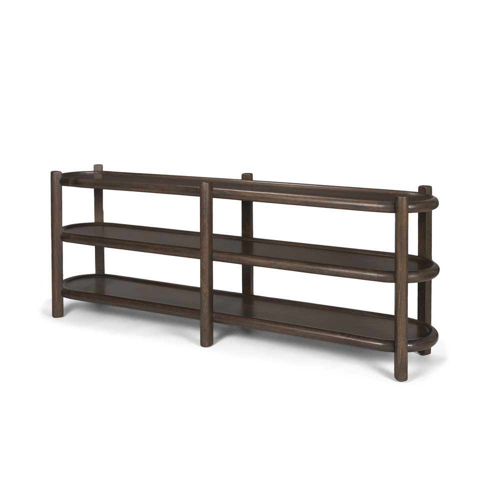 80" Dark Brown Solid Wood Oval Six Leg Console Table With Two Shelves HomeRoots