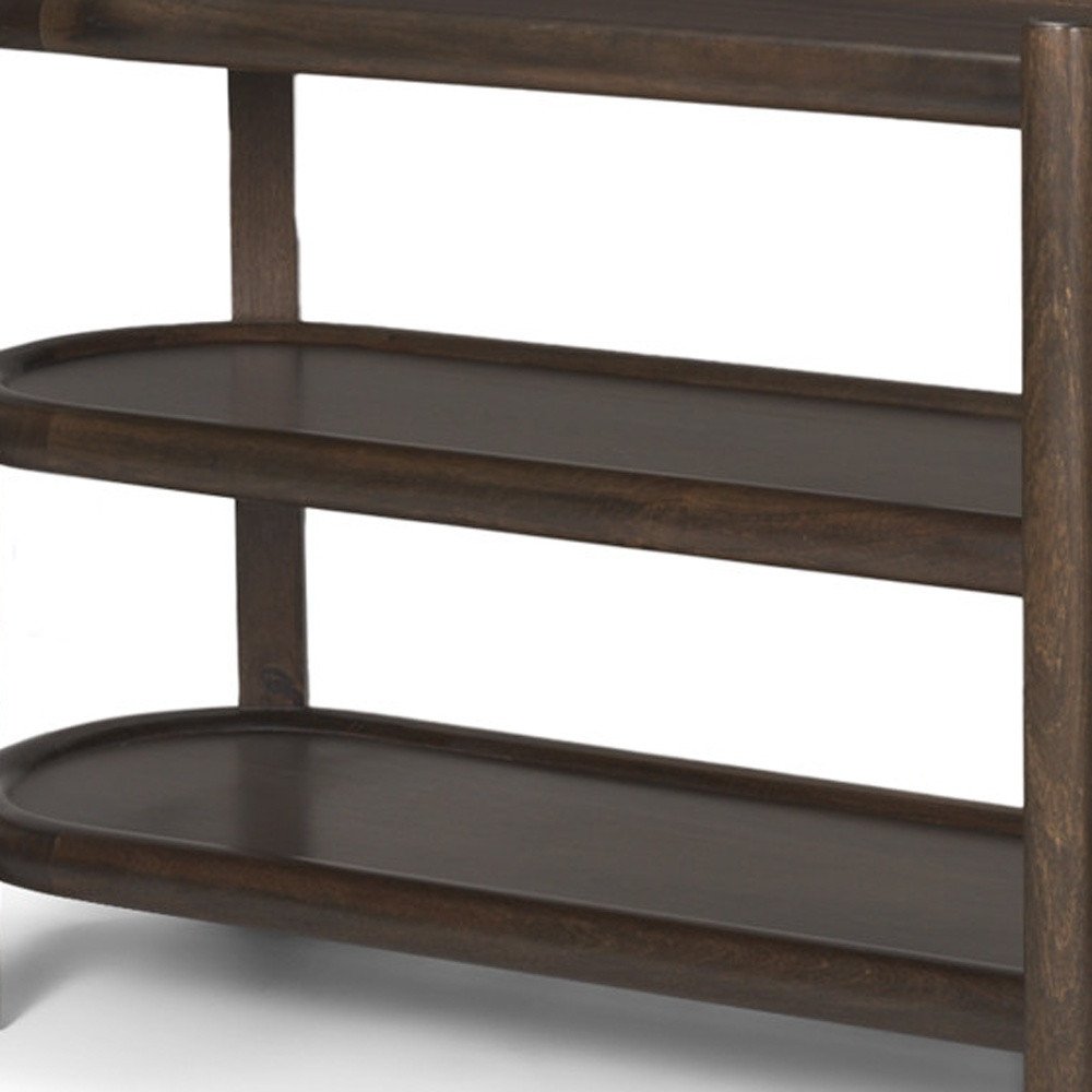 80" Dark Brown Solid Wood Oval Six Leg Console Table With Two Shelves HomeRoots