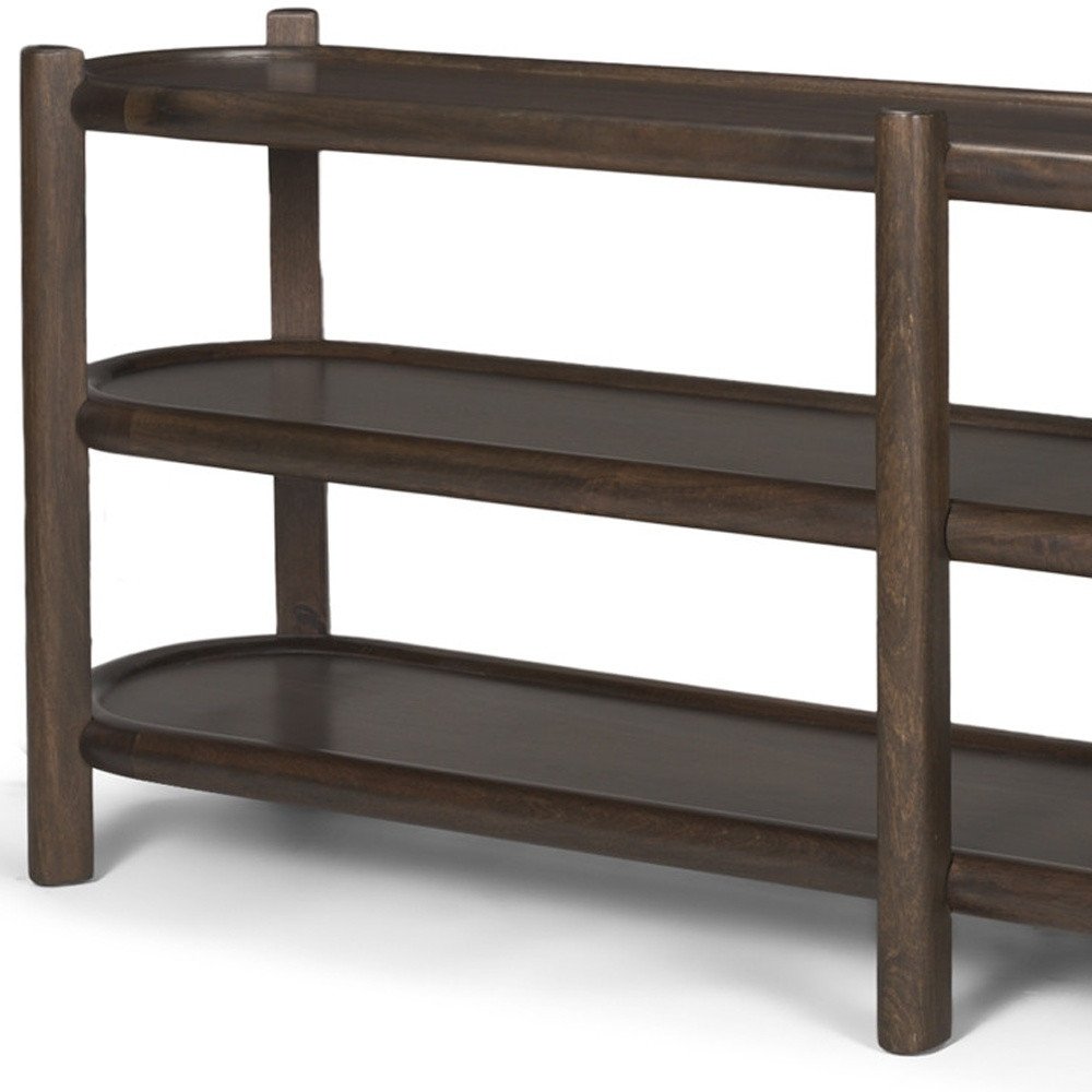 80" Dark Brown Solid Wood Oval Six Leg Console Table With Two Shelves HomeRoots