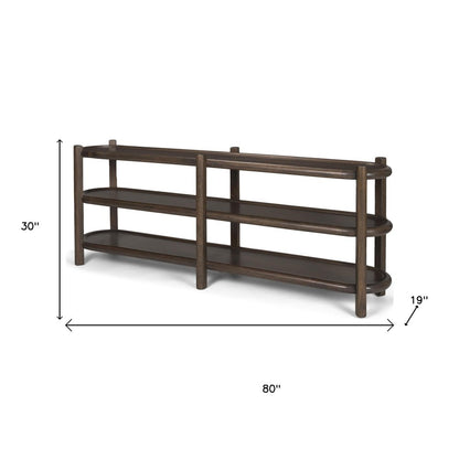 80" Dark Brown Solid Wood Oval Six Leg Console Table With Two Shelves HomeRoots