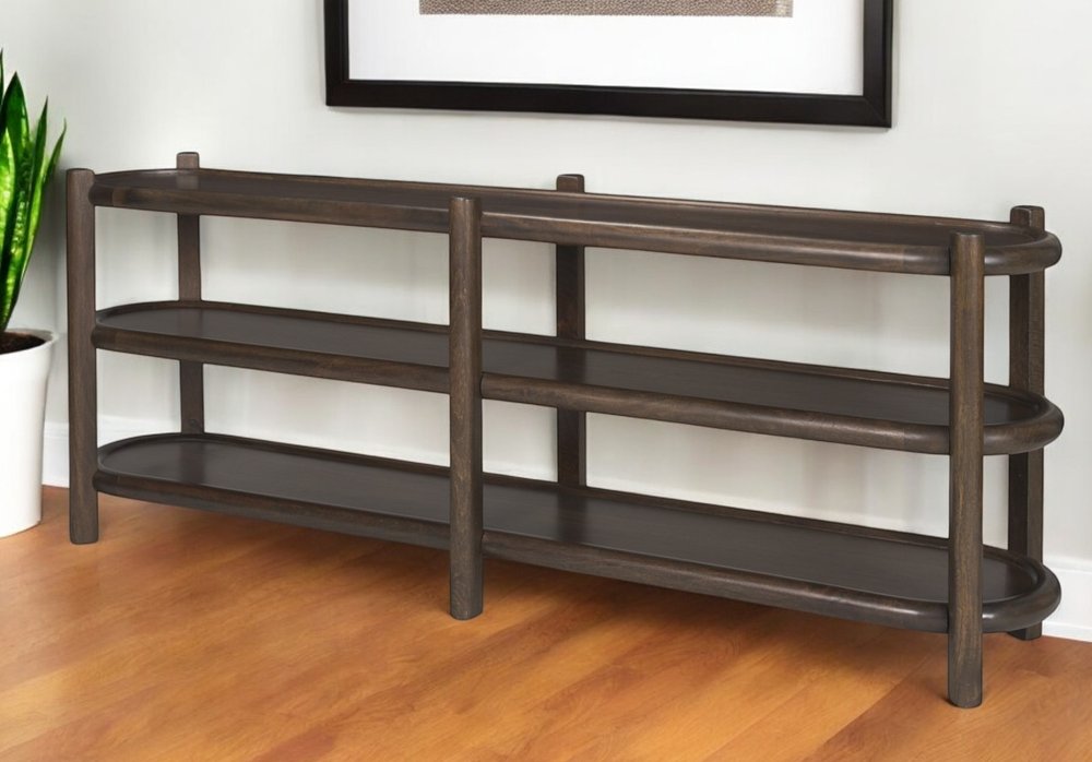 80" Dark Brown Solid Wood Oval Six Leg Console Table With Two Shelves HomeRoots