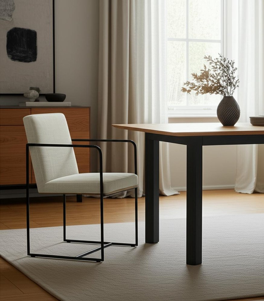 Beige and Black Upholstered Cushion And Metal Dining Arm Chair HomeRoots