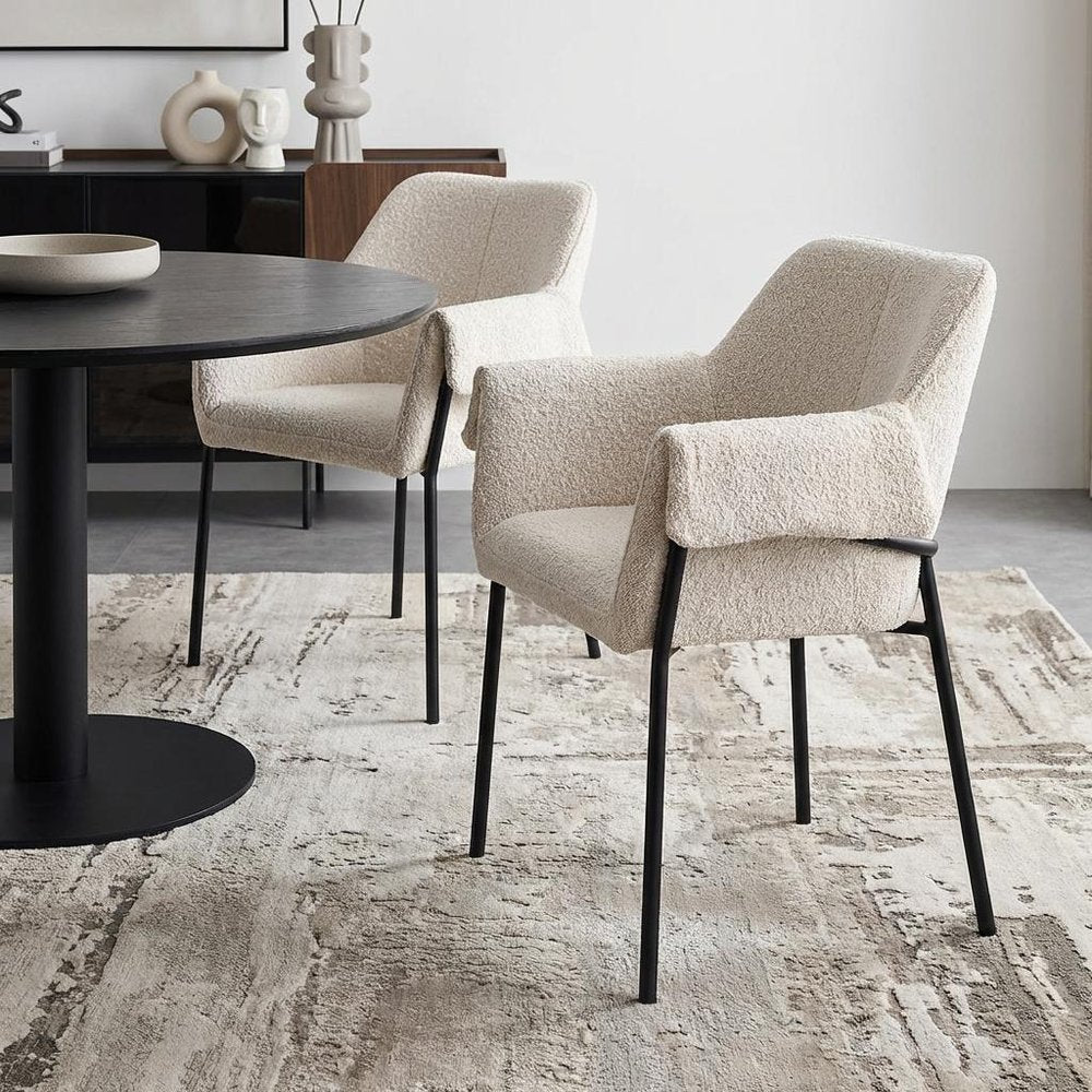 Set of Two Cream and Black Boucle Dining Arm Chairs HomeRoots