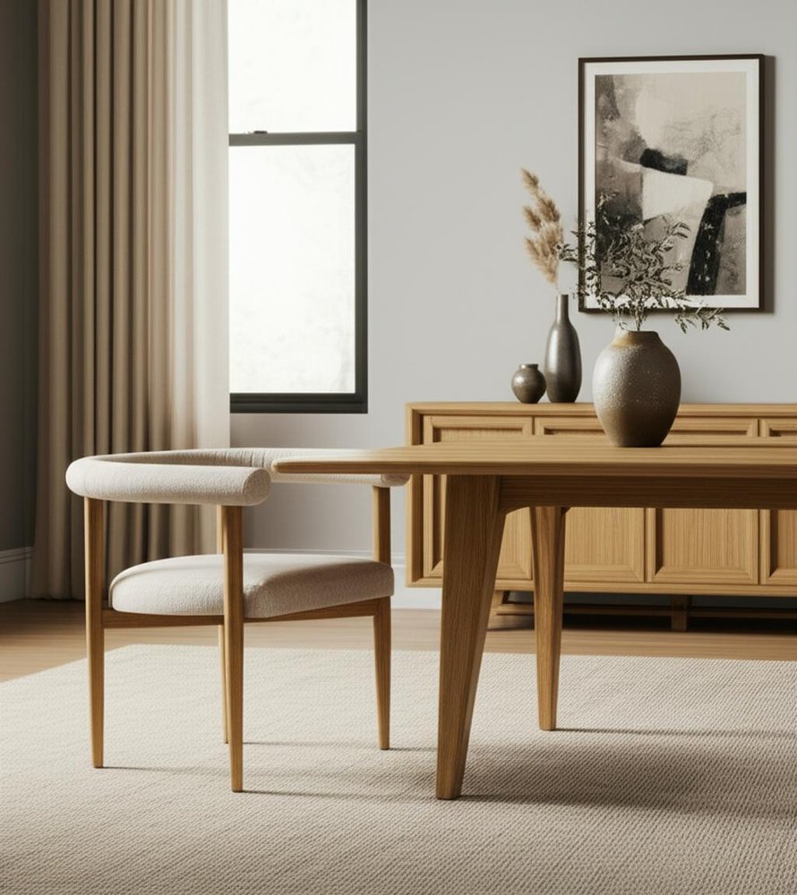 Beige and Brown Upholstered Cushion And Solid Wood Open Back Dining Arm Chair — view 5