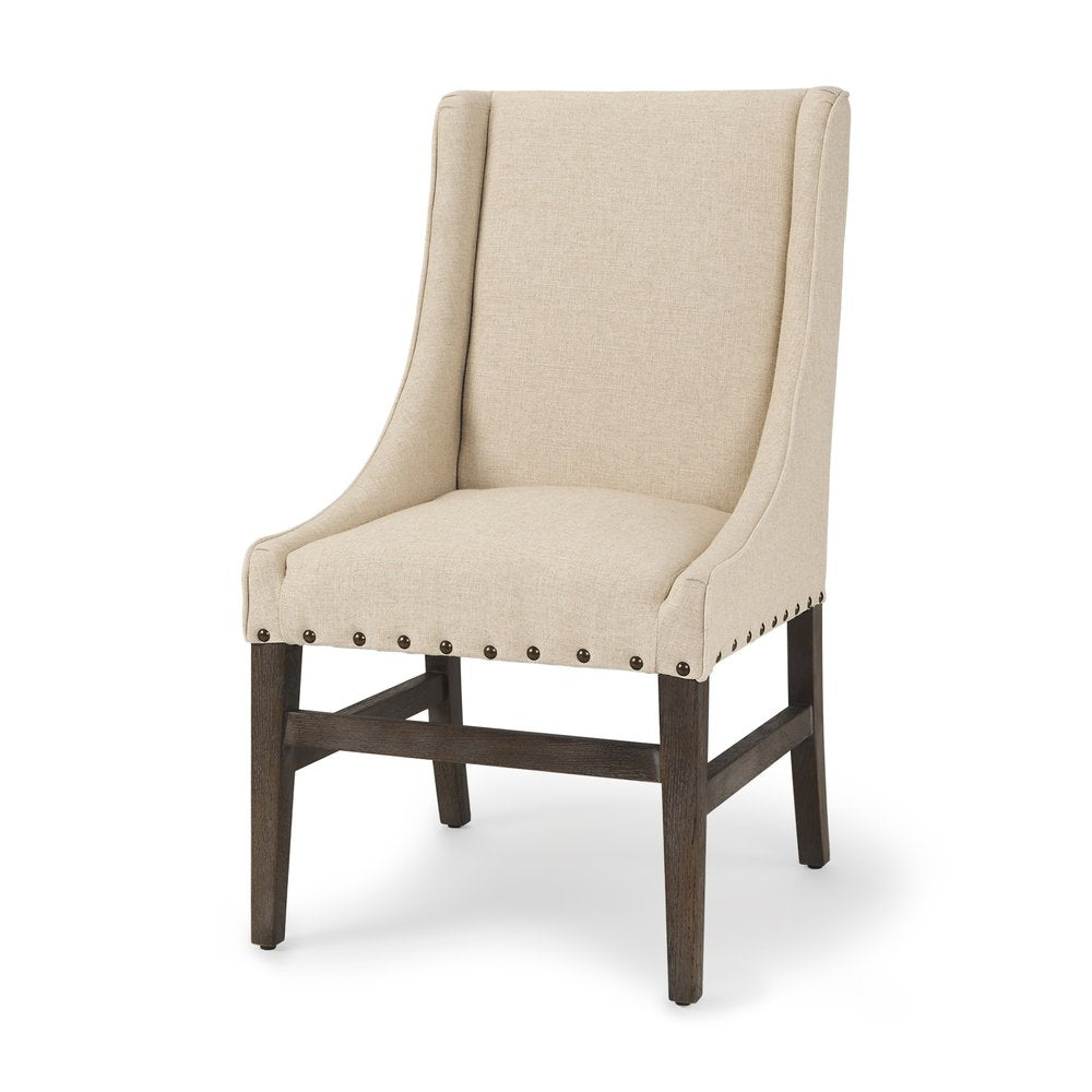 Cream and Brown Upholstered Linen And Solid Wood Dining Side Chair HomeRoots