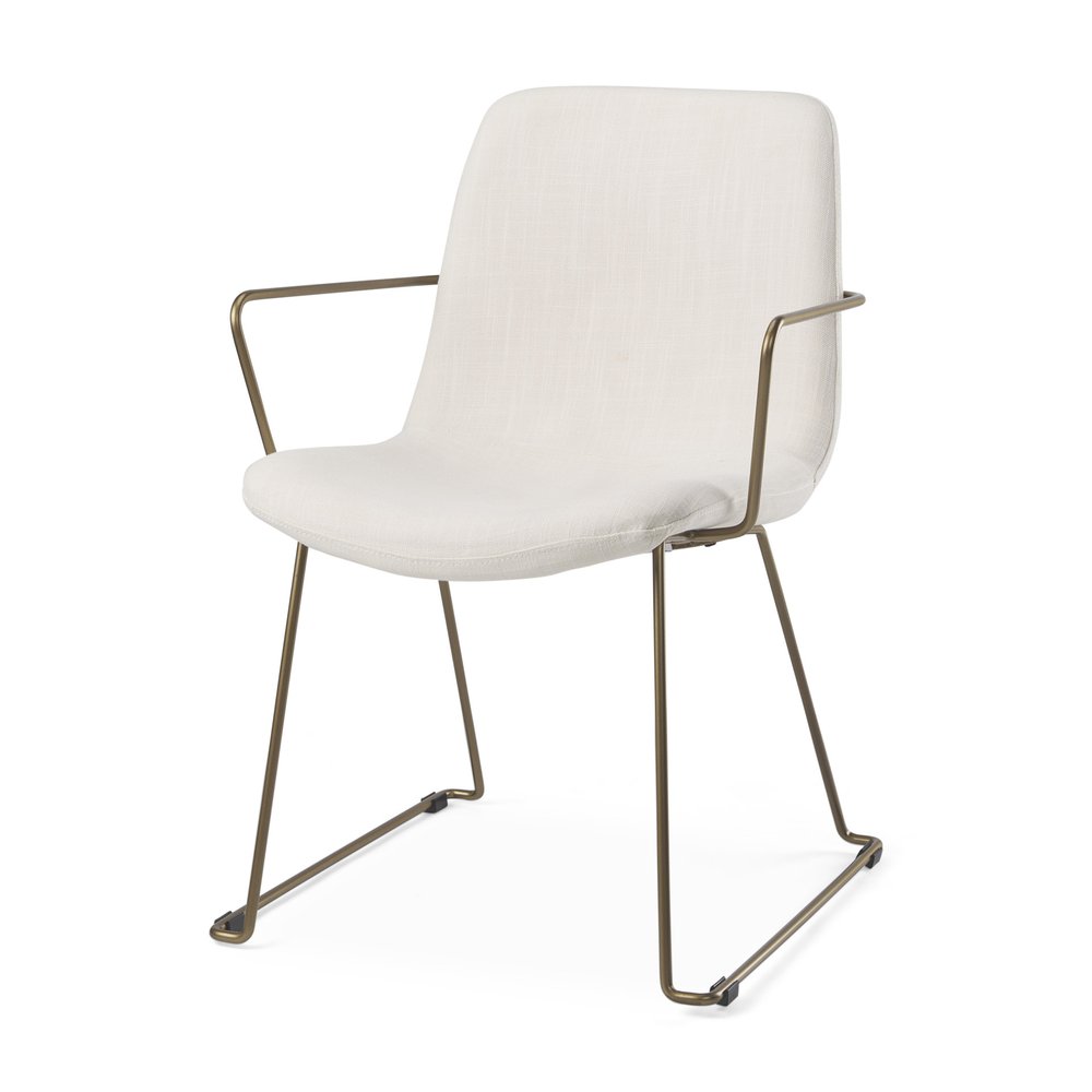 Beige and Gold Fabric and Wood Dining Arm Chair — view 1