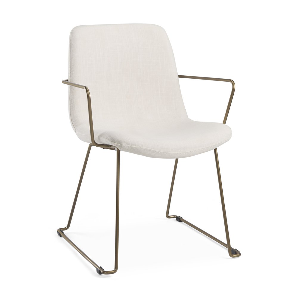 Beige and Gold Fabric and Wood Dining Arm Chair — view 3