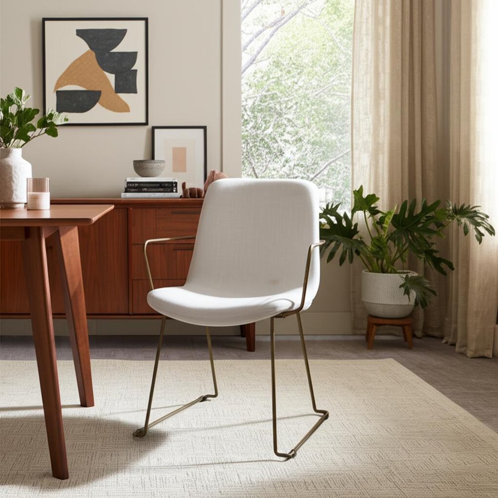 Beige and Gold Fabric and Wood Dining Arm Chair — view 4