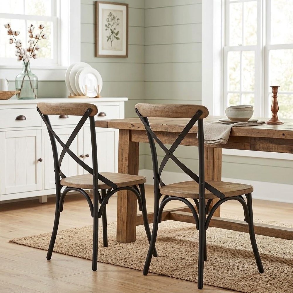 Set of Two Light Brown and Black Solid Wood Cross Back Dining Side Chairs — view 7