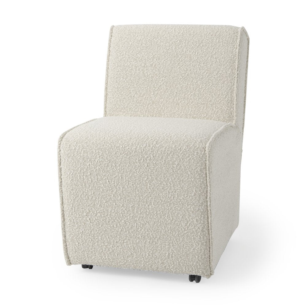 Set of Two Cream Boucle Swivel Dining Side Chairs With Wheels — view 1