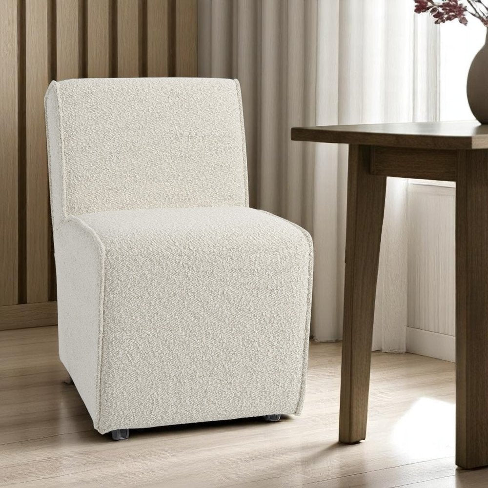 Set of Two Cream Boucle Swivel Dining Side Chairs With Wheels — view 5