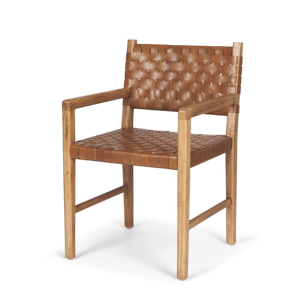 Brown Woven Leather And Solid Wood Dining Arm Chair HomeRoots
