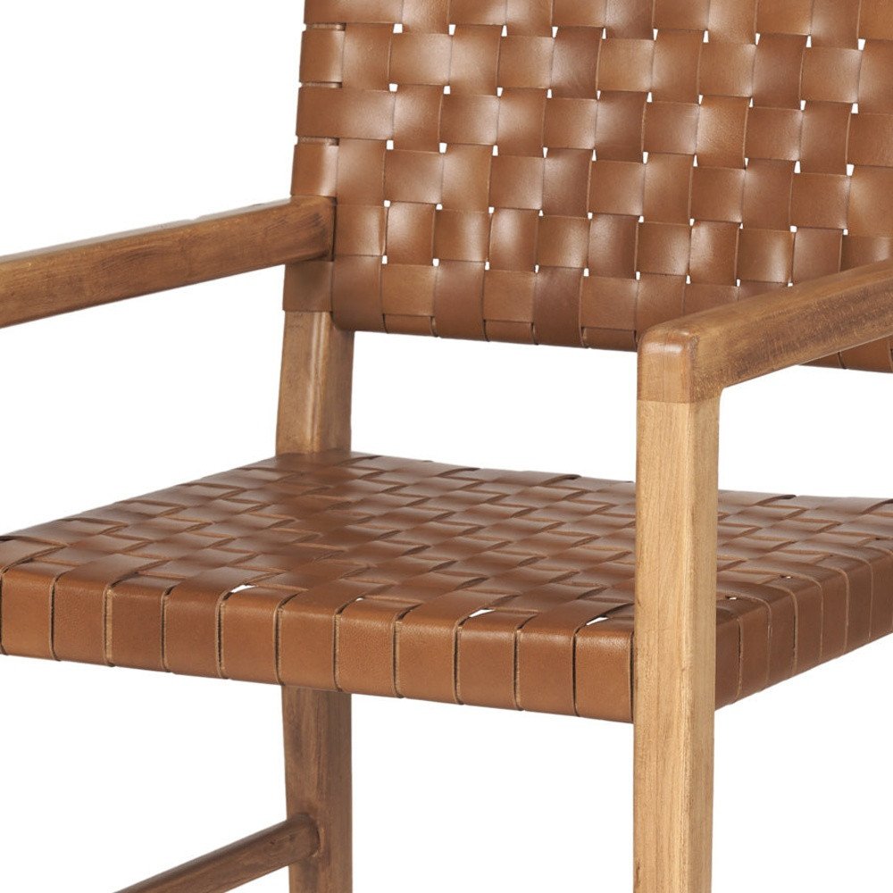 Brown Woven Leather And Solid Wood Dining Arm Chair HomeRoots