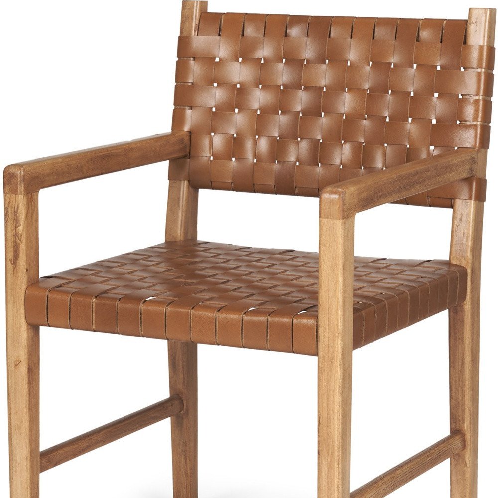 Brown Woven Leather And Solid Wood Dining Arm Chair HomeRoots