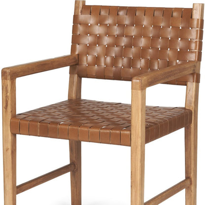 Brown Woven Leather And Solid Wood Dining Arm Chair HomeRoots